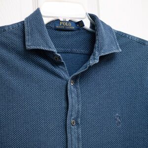 Polo Ralph Lauren Men’s M Stretchy Cotton Long Sleeve Shirt Navy Blue Polka Dot